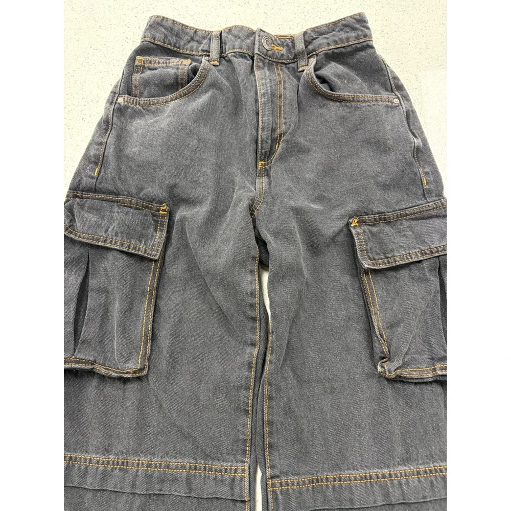 Womens Cotton On Curvy Cargo Jeans Washed Black Wide Baggy Denim Pants Size 26